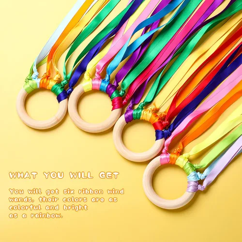Miniatura 4 de Sumind Juego de 6 varitas de mano con cinta de arco iris para niños, bailarina, serpentina, juguete de cuerda lanzada con varita de anillo