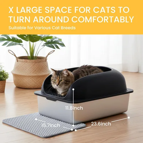 Miniatura 6 de Simple Deluxe Caja de arena XL para gatos de acero inoxidable con tapa, bandeja de arena de metal de alta cara para gatos grandes, a prueba