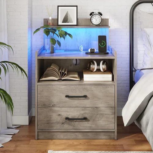 Miniatura 12 de Mesita de noche LED con estación de carga, mesita de noche con 2 cajones y almacenamiento abierto, mesa de noche con luces LED, mesa auxiliar Negro