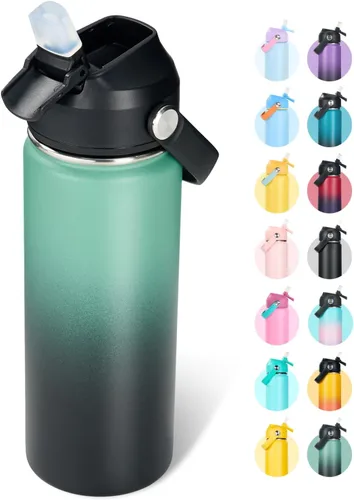 Miniatura 13 de Fijinhom Botella de agua aislada de acero inoxidable de 18 oz, de boca ancha, de doble pared, con vacío, con pajita de silicona, a prueba de sudor