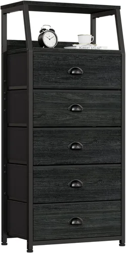 Furnulem Cómoda negra con 5 cajones, cómoda de tela vertical para dormitorio, pasillo, entrada, habitación del bebé, organizador de armario, mesita