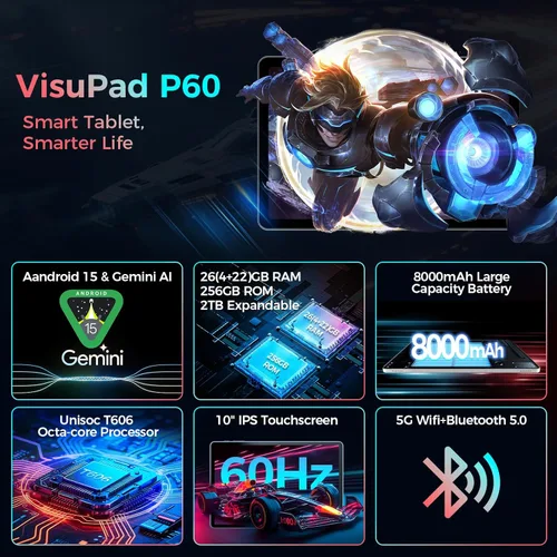 Miniatura 2 de Tableta con teclado, tableta Android 15 2026 con 26GB+256GB+2TB Expand, Tablet PC de 10 pulgadas con 8 núcleos, Gemini AI, 5G WiFi, 8000mAh, BT5.0