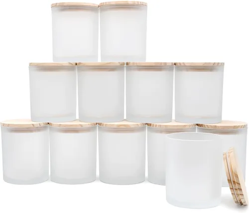 SHOWIN Tarros de vela gruesos de 14 OZ para hacer velas 12 Piezas, tarros vacíos de 3 mechas con tapas de madera para hacer velas, recipiente de