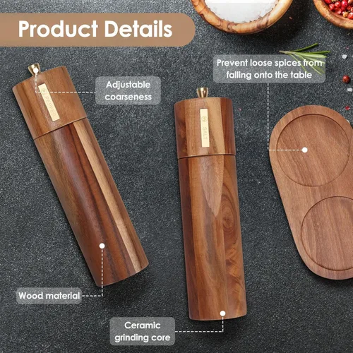 Miniatura 2 de Juego de molinillo de sal y pimienta de madera, molinillo manual de sal y pimienta de 8 pulgadas con cepillo y cuchara, grosor ajustable, molinillo