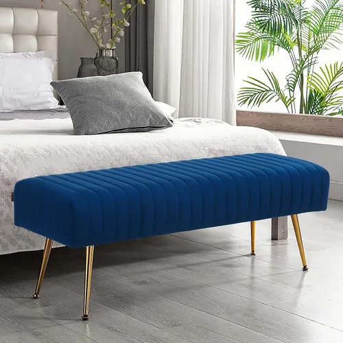 Miniatura 16 de Furniliving Banco de 44 Pulgadas para Dormitorio, Bancos Otomanos Tapizados con Tela Rayada y Tufting con Patas de Metal en Forma de X para Sala