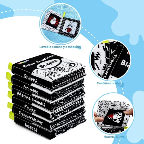 Miniatura 5 de Dr.Rapeti Libros de tela suave para bebés, libros de baño, paquete de 6 para bebés, niños pequeños, de alto contraste, blanco y negro, arrugado