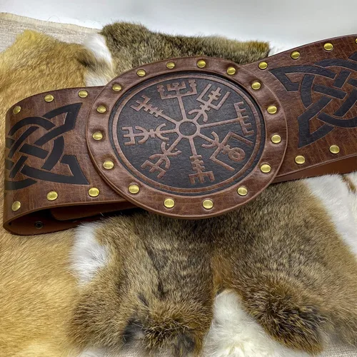 Miniatura 4 de HiiFeuer Viking Cinturón ancho en relieve cinturón nórdico de piel sintética con corsé de caballero disfraz LARP de Halloween