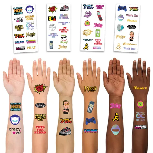 Throwback 2000s Y2K Tatuajes temporales - 4 hojas - Divertidos recuerdos de fiesta de los años 2000, decoraciones y suministros