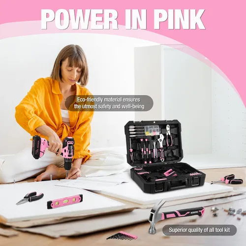 Miniatura 3 de WORKPRO Taladro Atornillador Inalámbrico Rosa de 20V y Juego de Herramientas para el Hogar, Kit de Herramientas Manuales de 141 Piezas