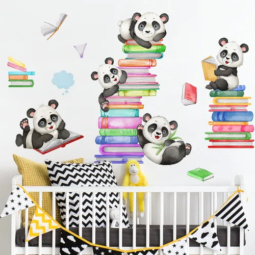 Miniatura 7 de Amaonm - Calcomanía de pared de libro de lectura de panda feliz de dibujos animados, calcomanías educativas, decoración artística para niños, niños