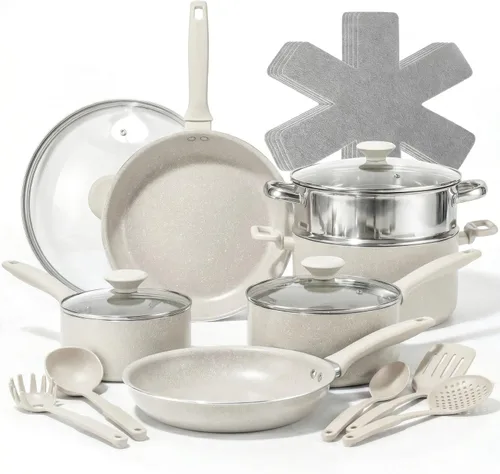Granitestone Juego de 20 ollas y sartenes antiadherentes con vaporizador, utensilios de cocina y protectores de almohadilla, asas que se mantienen