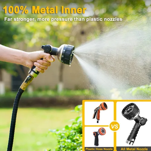 Miniatura 5 de FANHAO Boquilla de manguera de jardín resistente, rociador de manguera de agua 100% metal con 10 patrones de pulverización, válvula