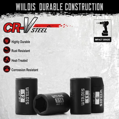 Miniatura 4 de WIILDIS Juego de llaves de impacto de 26 piezas con accionamiento de 3/8 pulgadas SAE y métrico, SAE 5/16” a 7/8”, métrico 7mm a 22mm, acero Cr-V