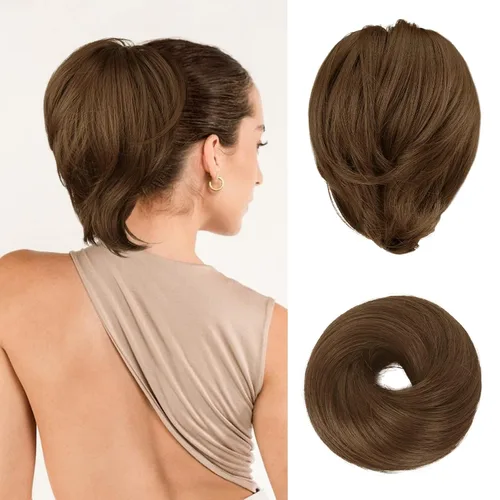 Miniatura 21 de BARSDAR Extensión de cola de caballo y moño de pelo de cobre, extensiones de moño corto sintético liso elástico para mujer, moños desordenados