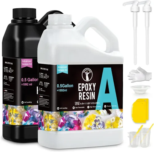 ResinAngel Kit de resina epoxi de 1 galón con bomba, fácil relación de mezcla 1:1, transparente, sin burbujas, resistente a los rayos UV para