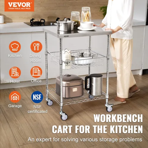 Miniatura 2 de VEVOR Carrito Utilitario de Cocina, 36.6"x20"x24" Carrito Rodante de Alambre de 3 Niveles, Carrito de Servicio de Acero con Capacidad de 470LBS