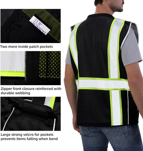 Miniatura 3 de Dib Safety Chaleco reflectante de malla negra, chaleco de alta visibilidad con bolsillos y cremallera, resistente, fabricado con cinta reflectante