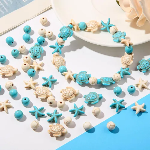Miniatura 2 de 210 cuentas de turquesa con cuentas de tortuga marina floral, cuentas de tortuga blanca, cuentas sintéticas de estrellas de mar turquesa
