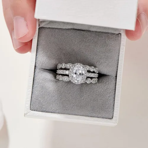 Miniatura 6 de Newshe Jewellery - Juego de anillo de compromiso, enchapados en plata 925, CZ blanco, tamaños 5-10
