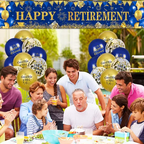 Miniatura 3 de Decoraciones de feliz jubilación: pancarta grande azul marino dorado con 18 globos para hombres y mujeres, fiestas, cabina de fotos, suministros