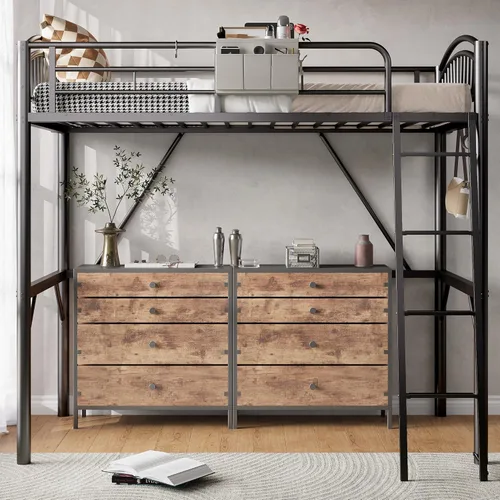 Decofy - Cama elevada de metal tamaño individual, cama elevada con cajón lateral, escalera convertible y barandillas de seguridad de longitud
