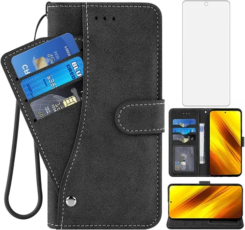 Asuwish Compatible con Xiaomi Poco X3 Pro/PocoX3 NFC/Poco X3 Funda tipo cartera de vidrio templado, protector de pantalla con tapa para tarjeta de