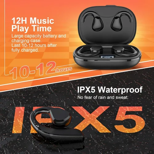 Miniatura 6 de TTQ Oreja abierta, auriculares inalámbricos Bluetooth 5.3, deportes con ganchos para las orejas y micrófono, tiempo de reproducción de 60 horas