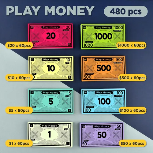 Miniatura 2 de Queensell Dinero de juego adecuado para juegos de mesa Monopoly – 480 piezas de 60 billetes de cada denominación – Papel de impresión de doble cara