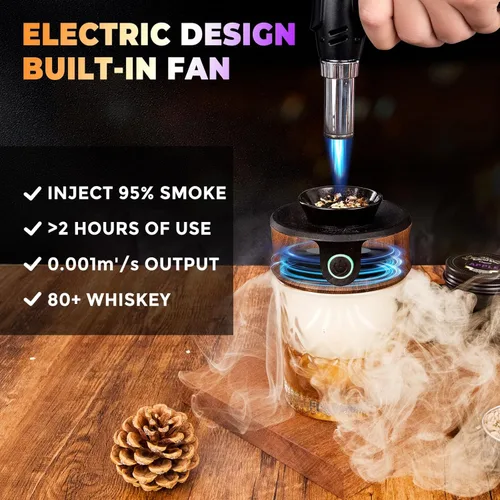Miniatura 8 de Kit eléctrico para ahumar whisky, lujosa caja de madera, regalos de Navidad sinceros, con 4 chips de madera, antorcha, moldes de hielo, receta, Nogal