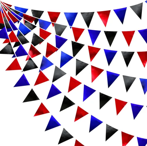 Miniatura 43 de Decoración de fiesta iridiscente de 33 pies, tela holográfica, banderín triangular, banderín de algodón, guirnalda de banderines para cumpleaños