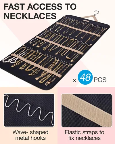 Miniatura 2 de BAGSMART Organizador de joyas colgante rollo de almacenamiento con ganchos de metal de doble cara para aretes, collares, anillos en el armario, Negro