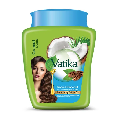 Máscara capilar de aceite caliente Vatika Naturals - Aceite tropical de coco y de ricino y multivitamínico para cabello seco, dañado, nutritivo y