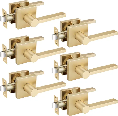 Miniatura 34 de EHOMEWARE Juego de manijas de puerta delantera doradas, palanca de puerta cuadrada resistente de latón y cerrojo de un solo cilindro reversible