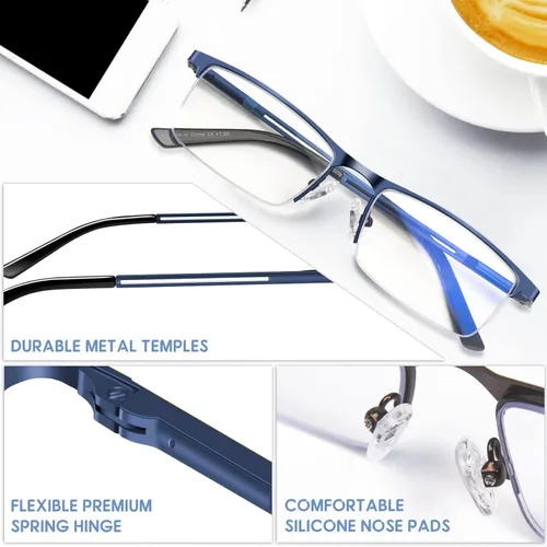 Miniatura 5 de KONHAGO Lentes de lectura con bloqueo de luz azul para hombres, lectores de metal de medio marco, con bisagra de resorte, antifatiga ocular
