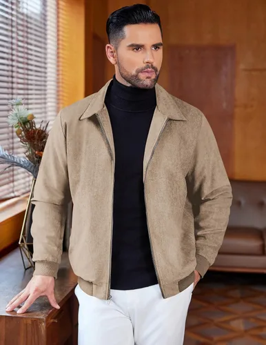 Miniatura 6 de COOFANDY Chaqueta bomber casual de ante para hombre, ligera, con cremallera completa, chaqueta de piel sintética vintage
