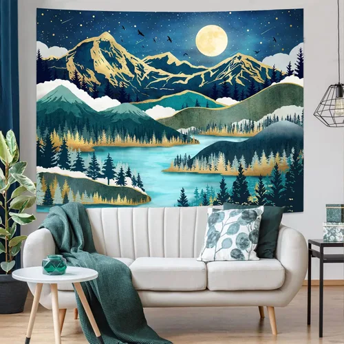Miniatura 3 de Neasow Tapiz de luna de montaña, bosque natural, árbol, lago, paisaje, estrellas, noche estrellada, decoración de pared azul azulado para el hogar