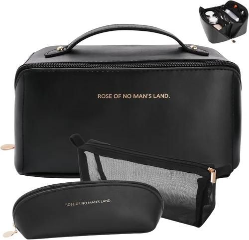 3 bolsas de maquillaje de viaje portátiles de gran capacidad para mujeres, estuche organizador de maquillaje plano abierto, bolsa organizadora de