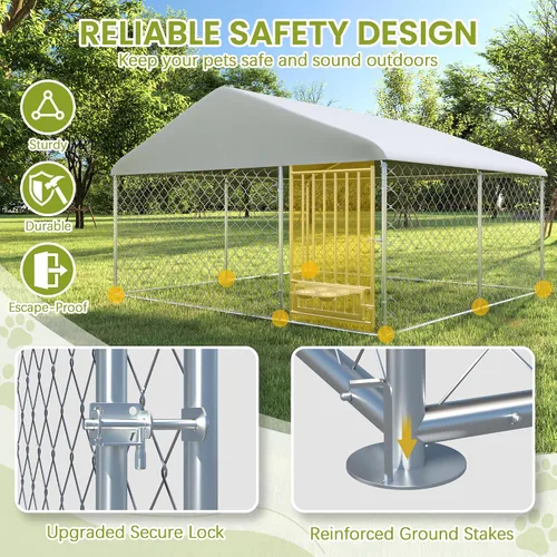Miniatura 3 de 10FT x 10FT Outdoor Dog Kennel with Roof, Outside Dog Run Fence with Rotated Dog Bowls, Large Dog House Pen Enclosure with Secure Lock&Textilene Door