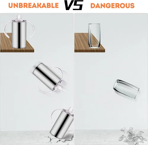 Miniatura 6 de Vasos para sorber de acero inoxidable de 12 onzas para niños pequeños con asas, a prueba de derrames, doble pared aislada al vacío, vasos de paja
