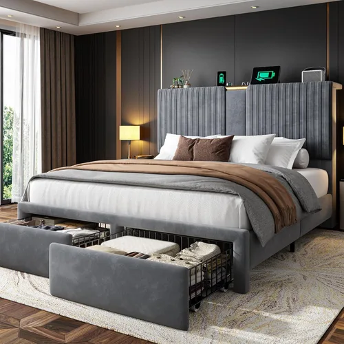 Miniatura 10 de Homkdom Base de cama Queen con cabecera de almacenamiento de terciopelo, 2 cajones grandes y 3 puertos de carga, base de cama de plataforma de 51.3