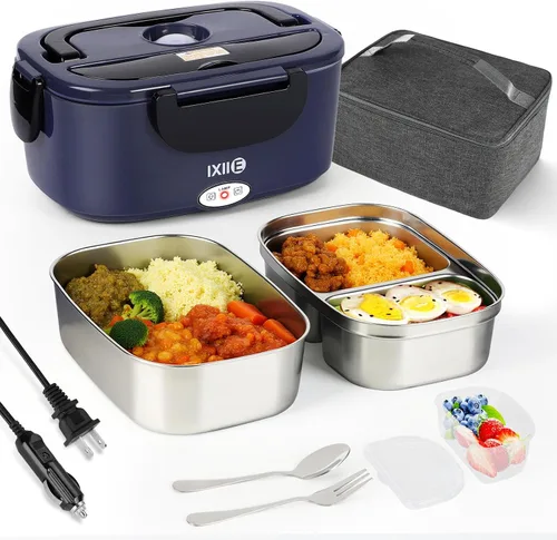 Miniatura 11 de IXIIE Lonchera eléctrica de 80W, calentador de alimentos para el trabajo, 12V/24V/110V, lonchera portátil para adultos con 2 envases de acero