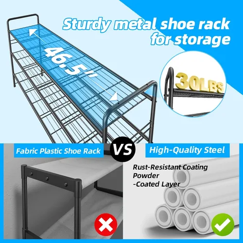 Miniatura 4 de Zapatero de 3 niveles para armario, organizador de almacenamiento de zapatos extra largo de 46.5 pulgadas para estantes, metal resistente, fácil