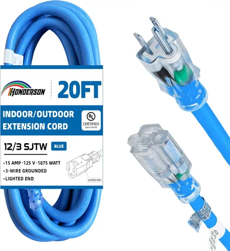Cable de extensión para interiores y exteriores, resistente a la intemperie con extremo iluminado, certificación UL, calibre 12, 20 pies, color Azul