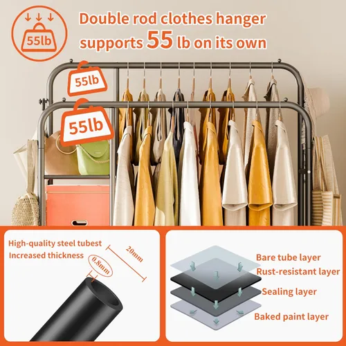 Miniatura 3 de JOISCOPE Perchero resistente de 47 x 65 pulgadas, perchero de ropa de doble barra para colgar ropa, perchero con estantes de armario de 4 niveles