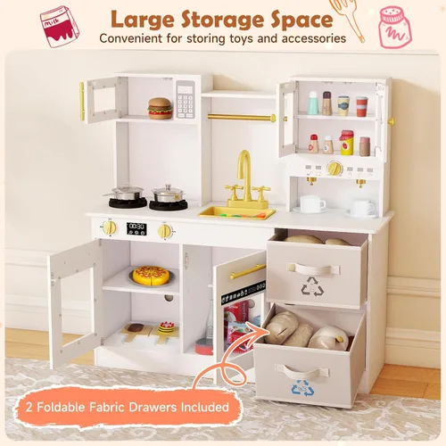 Miniatura 6 de INFANS Juego de cocina para niños, cocina de madera con luces realistas, sonidos, cafetera, lavavajillas, microondas, horno, cajones de tela Blanco