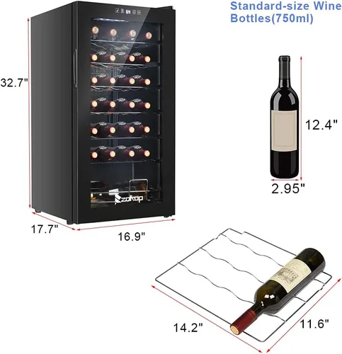 Miniatura 3 de Winado Refrigerador de vino con compresor de 28 botellas con temperatura ajustable, mini refrigerador de vino compacto independiente con control