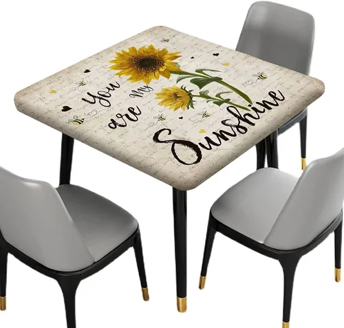 Miniatura 2 de Mantel cuadrado ajustable con estampado de girasoles, borde elástico, "You are My Sunshine", se adapta a 36x36 pulgadas, mantel de poliéster lavable