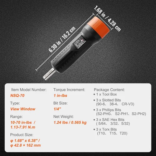 Miniatura 7 de VEVOR Juego de llaves de destornillador de torque de 1/4" Rango de ajuste de torque de 10-70 in-lbs Destornillador de torque con incrementos
