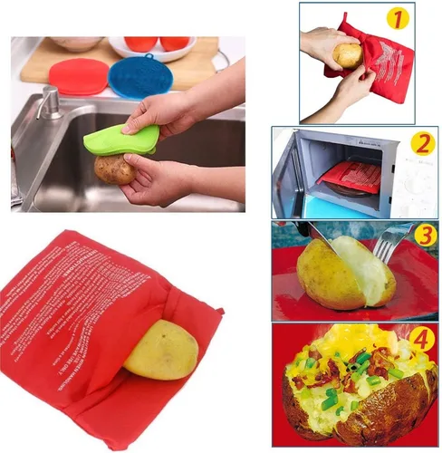 Miniatura 2 de Paquete de 3 bolsas de papas para microondas, con 3 cepillos de silicona para limpiadores de verduras, bolsa de papas horneadas reutilizable y Azul