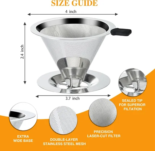 Miniatura 3 de Filtro de café sin papel de goteo lento para verter sobre café, doble malla de acero inoxidable para verter sobre cafetera para filtro de cono